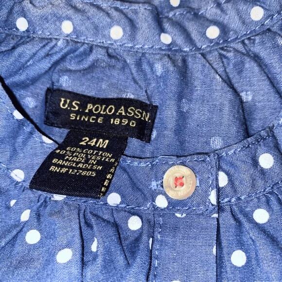 U.S. POLO Assn Dress 24 Months Baby Girl Polka Dot Blue Pink Shirt Denim EUC - Picture 3 of 4
